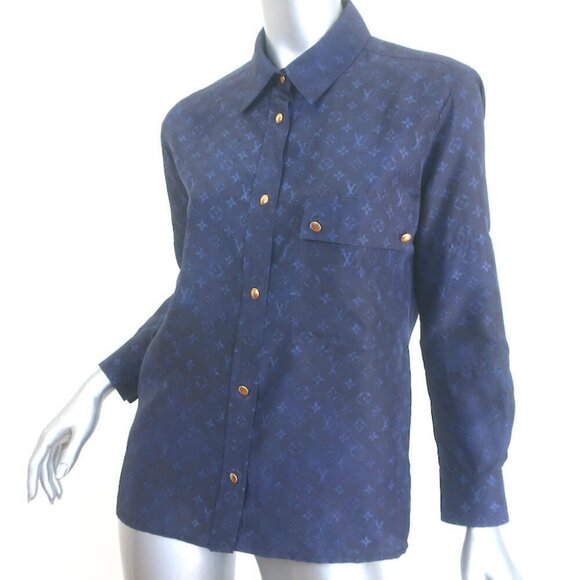 Louis Vuitton Monogram Cloud Masculine Shirt Navy Printed Silk Size 38 - Picture 3 of 8